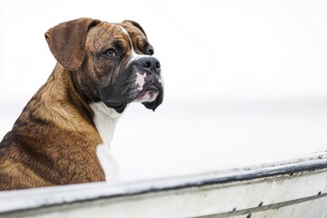 Canvas Print - A brown and white dog sitting on the deck of a boat