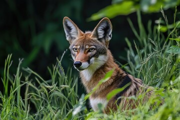 Canvas Print - Close-up shot of a wolf's face in a natural environment, suitable for use in wildlife or nature-themed projects