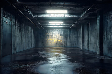 Wall Mural - a 3d-rendered dark, grungy industrial basement room with a low-key white light background texture pr