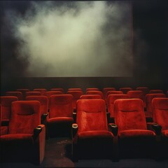 Aufkleber - A row of plush red velvet seats fills a dimly lit movie theater, inviting you to step into a world of cinematic wonder and immerse yourself in the magic of the silver screen.