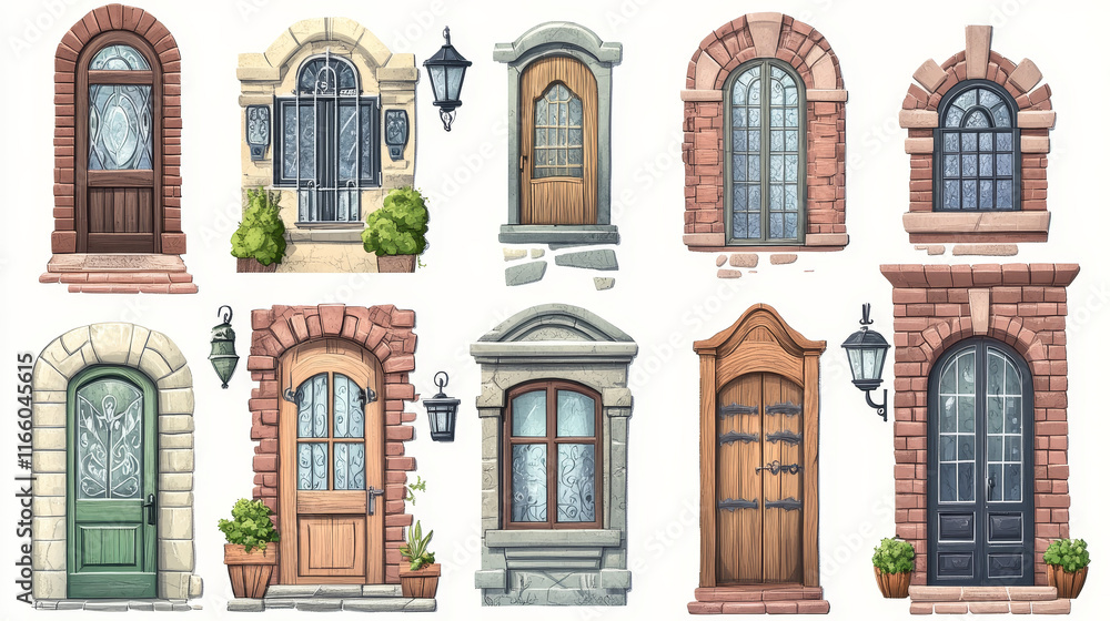 Ilustración de Stock House facades with different doors and windows in ...