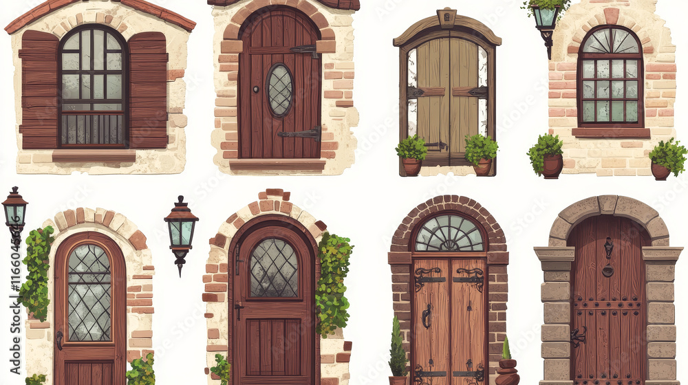 House facades with different doors and windows in brick wall. Vector ...