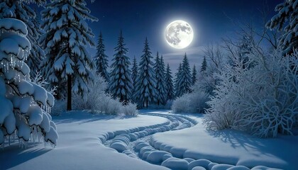 snowy forest under full moon at night