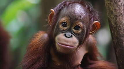 Sticker - A young orangutan monkey is sitting on the top of a tree, looking around