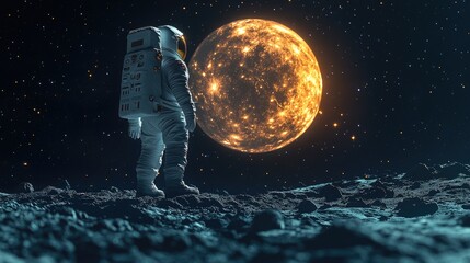 Wall Mural - an astronaut stands on the lunar surface in a spacesuit, exploring the moon's terrain