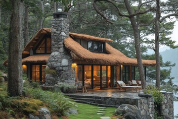 Wall Mural - Secluded stone cabin, thatched roof, forest view.