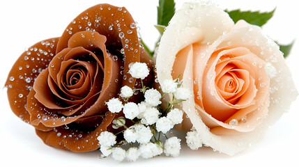 Sticker - Two beautifully arranged roses, one brown and one peach, adorned with delicate white flowers and glistening droplets of water.