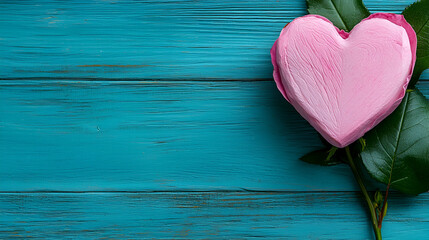 Poster - A pink heart-shaped dessert on a green leaf rests on a vibrant blue wooden surface, evoking feelings of love and sweetness.