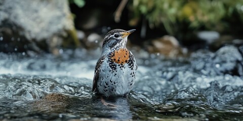 Wall Mural - A bird perched on rocks beside a gentle stream of water