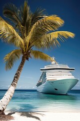 Wall Mural - A luxury cruise ship moored next to a tall palm tree, with blue waters in the background