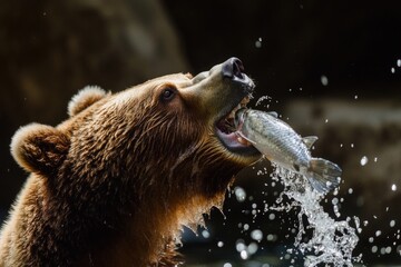 a brown bear holding a fish in its mouth