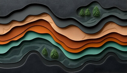 abstract layered landscape illustration with earthy tones and minimalist evergreen trees. ideal for 