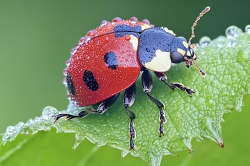 Sticker - A ladybug sits on the edge of a green leaf, its bright colors standing out against the natural surroundings