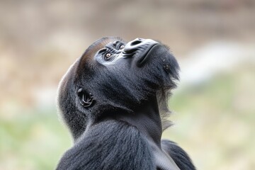 Wall Mural - A close-up shot of a gorilla's face with a blurred background