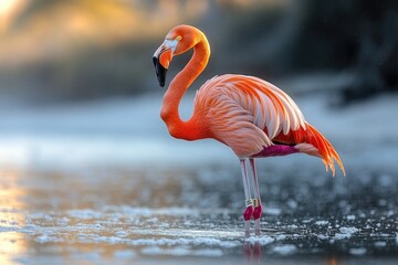 Wall Mural - A single flamingo standing in the water