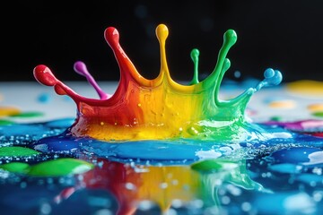 A vibrant colorful liquid splashing on a table surface, great for use in advertising or design projects