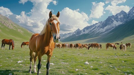 Wall Mural - A herd of horses enjoying the lush green grass, ideal for agriculture or nature photography