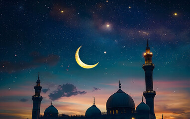 Wall Mural - a beautiful night sky with stars and a crescent moon, symbolizing the beginning of ramadan in islami