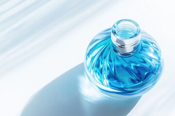 Poster - A blue perfume bottle sits alone on a white surface, perfect for beauty or cosmetic images