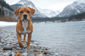 Wall Mural - A dog stands on a rocky beach with brown and white fur, suitable for use in outdoor or nature-themed images