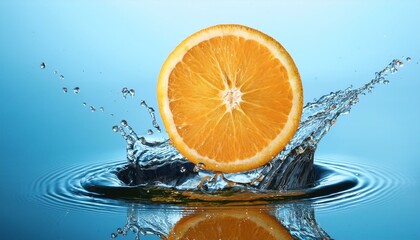 Canvas Print - Refreshing orange slice splashing into clear water.