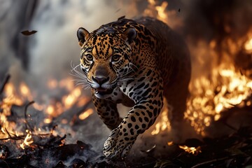 Canvas Print - A leopard walks through a forest with flames burning in the background