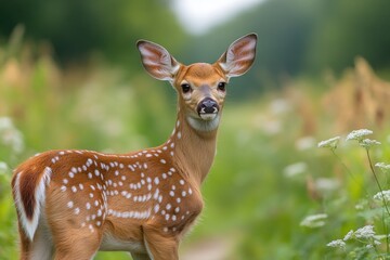 Sticker - A young deer stands in a lush field of tall grass, surrounded by nature