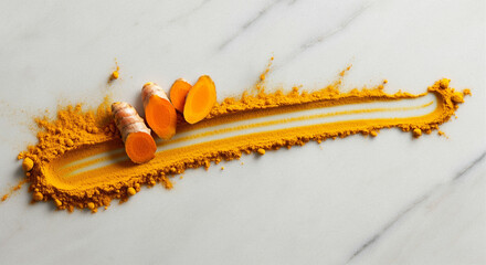 Wall Mural - Turmeric root and powder on a marble surface as natural cooking ingredient for healthy dishes