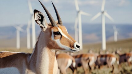 Wall Mural - Antelope standing in a grassy field with wind turbines visible in the background