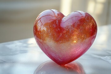 Wall Mural - A heart-shaped glass object sits on a table, ideal for decorative or gift purposes