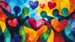 © tammarat - A dynamic charitythemed illustration featuring abstract figures sharing hearts and smiles, emphasizing compassion and community care, with bold, vivid colors