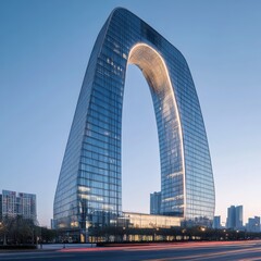 Poster - The iconic Gate of the Orient in Suzhou, China, a marvel of modern architecture with its distinctive arching silhouette, stands illuminated against the twilight sky.
