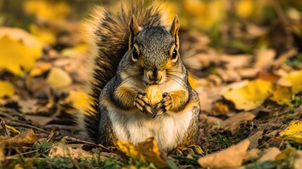 Wall Mural - A squirrel is eating a piece of food on the ground, possibly in its natural habitat