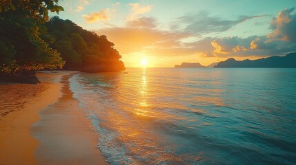 Wall Mural - a serene scene of the sun setting over calm waters on a peaceful beach, perfect for use in travel or