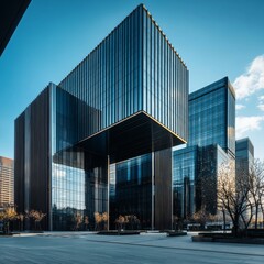 Fototapete - A sleek, modern building with a unique cantilevered design stands tall against a vibrant blue sky, showcasing contemporary architecture and urban sophistication.