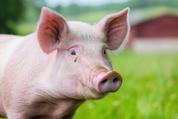 Wall Mural - A pig stands in a lush green field