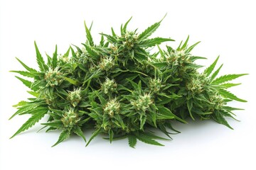 A pile of fresh marijuana leaves on a white surface, ideal for herbalism or decoration