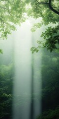 Poster - A forest with trees and sunlight shining through the leaves. The sunlight creates a peaceful and serene atmosphere