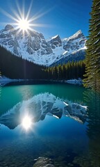 Wall Mural - Serene mountain landscape with blue lake reflecting snow capped peaks and vibrant trees, where sunlight creates tranquil atmosphere in nature.