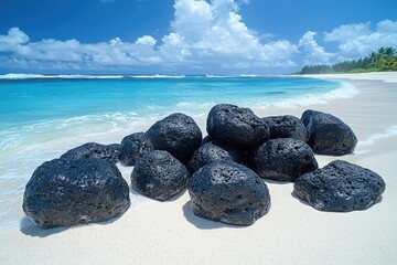 Wall Mural - a group of rocks perched on the edge of a sandy beach, with a calm sea in the background