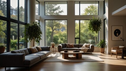 a modern living space with plant decor and windows to emphasize natural light