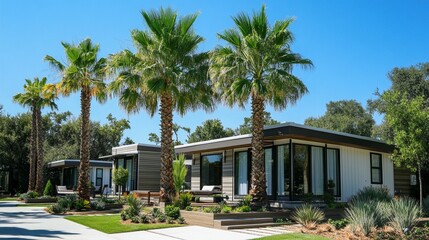 modern luxury tiny house vacation rentals with tall palm trees creating tropical paradise atmosphere