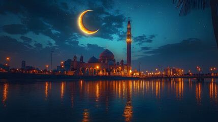 Wall Mural - a visually stunning image of a crescent moon shining brightly over a mosque's dome, symbolizing the 