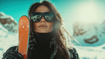 A stunning woman poses in a snowy mountain setting, donning sunglasses and holding a ski, showcasing the beauty of winter sports and outdoor adventure.