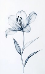 Canvas Print - X-ray style illustration of a single lily flower with stem and leaves on white background.