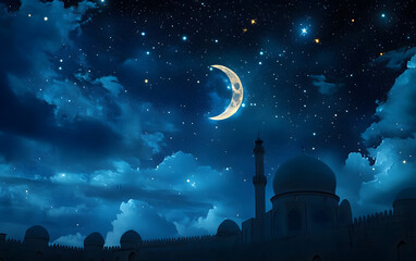 Wall Mural - a beautiful night sky with stars and a crescent moon, symbolizing the beginning of ramadan in islami