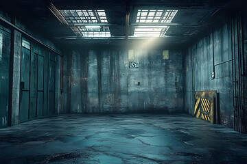 Wall Mural - a 3d-rendered dark, grungy industrial basement room with a low-key white light background texture pr