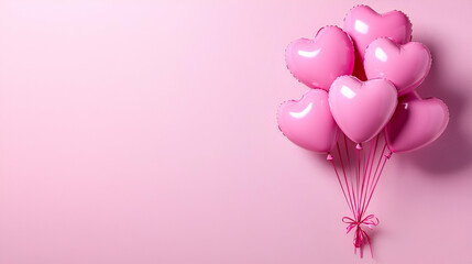 Poster - Heart-shaped pink balloons float against a soft pink background, creating a festive and romantic atmosphere ideal for celebrations.