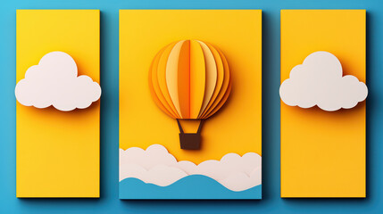 Colorful hot air balloon paper art with clouds and waves