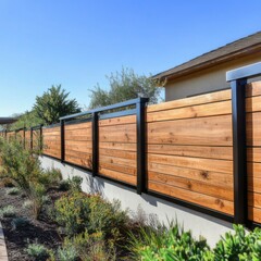 Wall Mural - a modern farm-style horizontal wood fence with spaces between the warm wood planks and thin black iron posts, mounted on top of an off-white wall with southwest landscaping